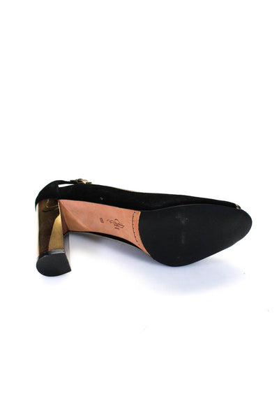 Cole Haan Womens Gold Tone Striped Buckled Peep-Toe Block Heels Black Size 10