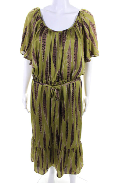 Michael Michael Kors Womens Feather Print Elastic Waist A-Line Dress Green L