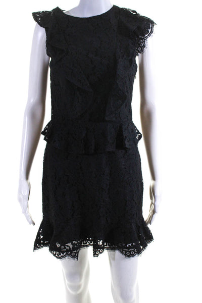 Joie Womens Black Ruffle Lace Crew Neck Cap Sleeve Shift Dress Size 0