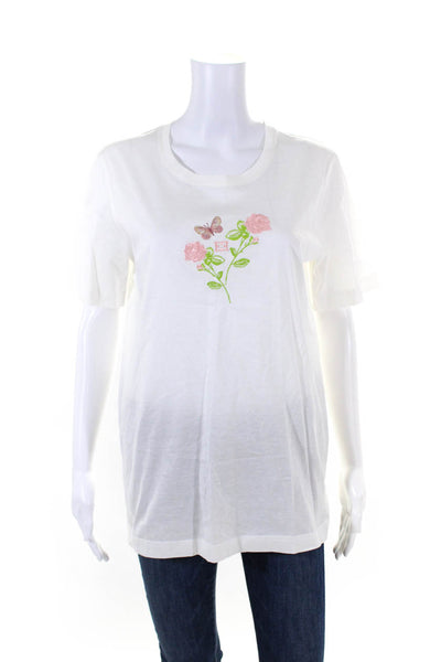 Escada Womens Floral Embroidered Short Sleeved Scoop Neck Tee White Pink Size 36