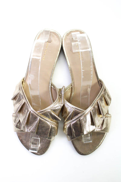 Ann Taylor Women's Leather Open Toe Slip On Ruffle Trim Slides Gold Size 9
