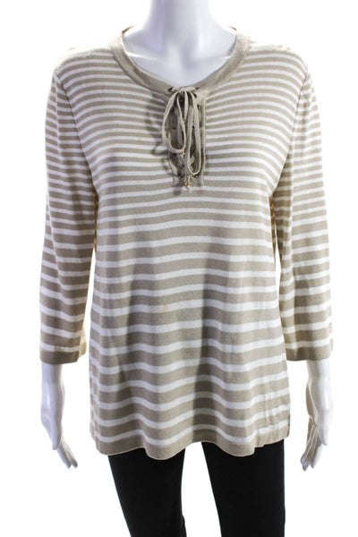 St. John Sport Womens Knit Striped Print Lace Up Shirt Top Brown White Size M