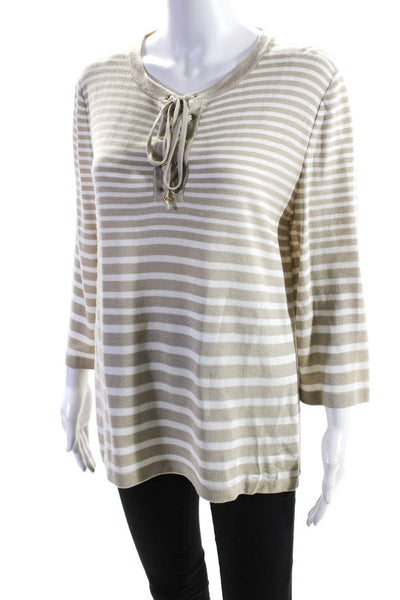 St. John Sport Womens Knit Striped Print Lace Up Shirt Top Brown White Size M