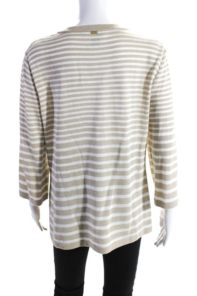 St. John Sport Womens Knit Striped Print Lace Up Shirt Top Brown White Size M