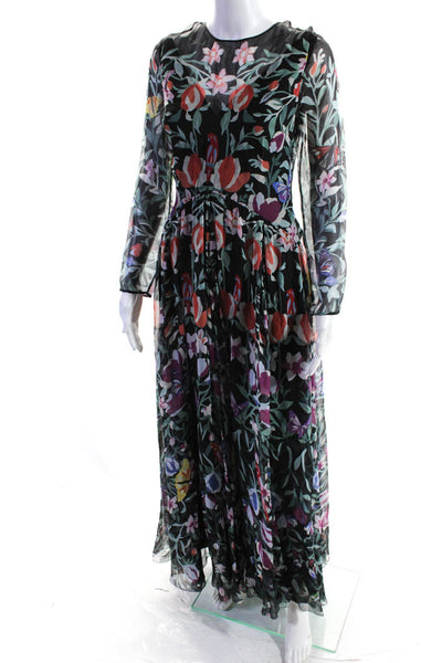 Valentino Zip Up 3/4 Sleeve Butterfly Floral Silk Chiffon Gown Black Multi Size