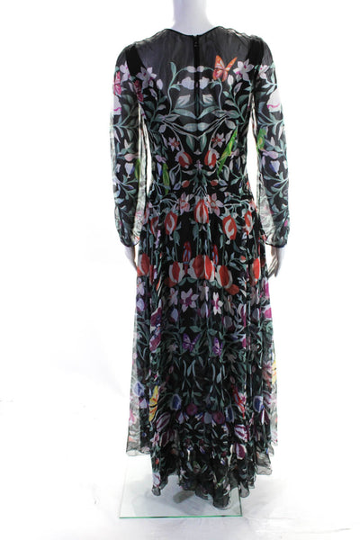 Valentino Zip Up 3/4 Sleeve Butterfly Floral Silk Chiffon Gown Black Multi Size