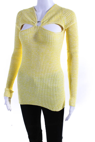Anna Quan Women's Long Sleeve Cut Out Ribbed V Neck Top Yellow Size 10