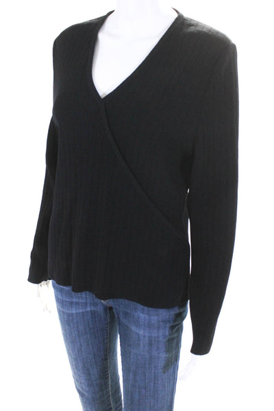 SJK St. John Womens Long Sleeve Rib Knit Pullover V-Neck Blouse Black Size 10