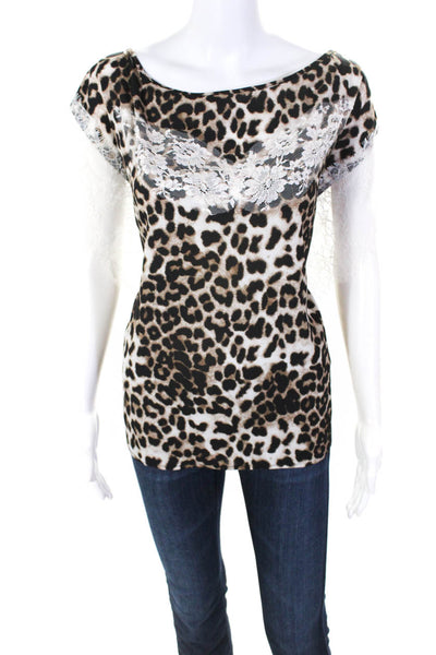 Vanita Rosa Womens Leopard Print Lace Bat Wing Top Blouse Brown White Medium