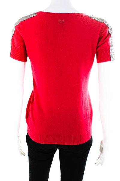 Escada Sport Women's Crewneck Short Sleeves Embellish Ribbed Hem Sweater Red S