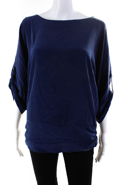 DKNY Women's Round Neck Short Sleeves Cinch Side Blouse Blue Size S