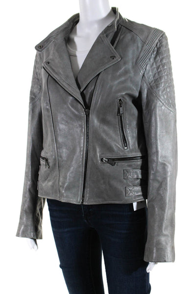 R Paris Womens Front Zip Crew Neck Quilted Trim Leather Jacket Gray Size FR 44