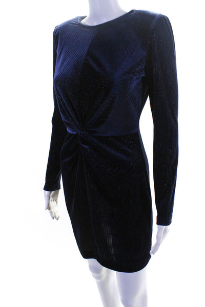 LDT Womens Metallic Ribbed Velvet Long Sleeve Mini Sheath Dress Indigo Size 2