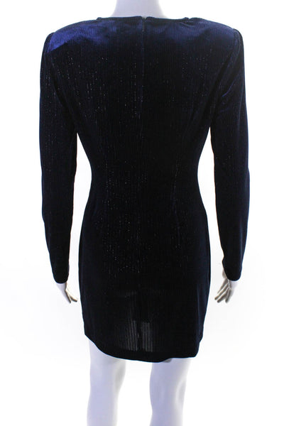 LDT Womens Metallic Ribbed Velvet Long Sleeve Mini Sheath Dress Indigo Size 2