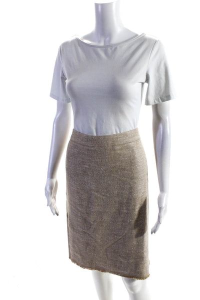 Escada Womens Silk Tweed Fringe Hem Knee Length Straight Skirt Brown Size 42