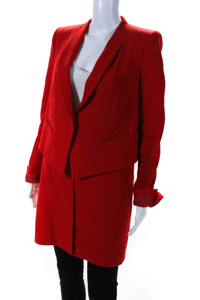 Givenchy Womens Red Wool V-Neck One Button Long Sleeve Layered Coat Size 38
