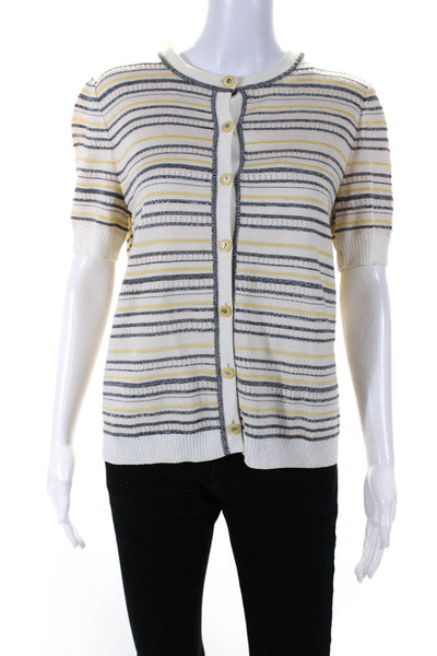 St. John Sport Womens Striped Short Sleeved Buttoned Blouse Beige Yellow Size S