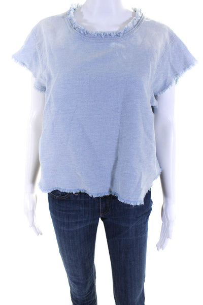 IRO Jeans Womens Frayed Hem Short Sleeved Round Neck Blouse Top Blue Size 36