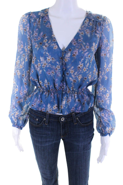 Intermix Womens 100% Silk Floral Long Sleeved V Neck Buttoned Blouse Blue Size P