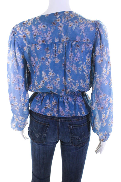 Intermix Womens 100% Silk Floral Long Sleeved V Neck Buttoned Blouse Blue Size P
