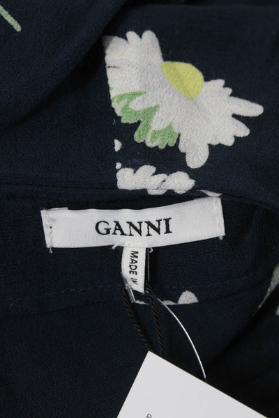 Ganni Womens Floral Ruffled Long Sleeved Wrap Blouse Dark Blue White Size 34