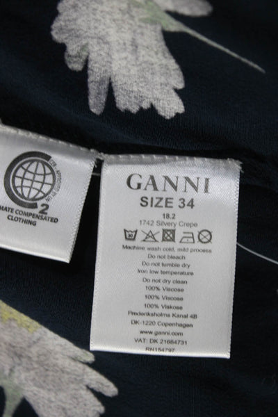 Ganni Womens Floral Ruffled Long Sleeved Wrap Blouse Dark Blue White Size 34
