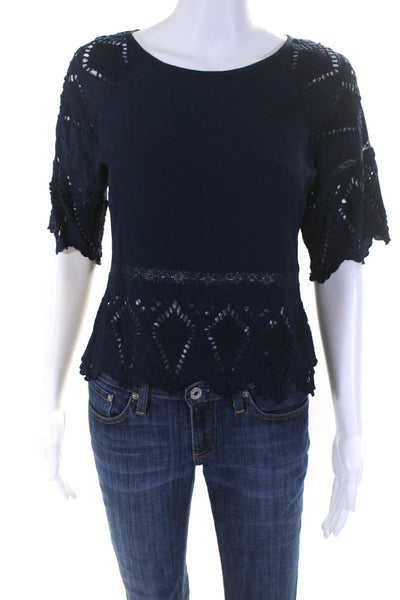 Love Sam Womens Half Sleeved Keyhole Boat Neck Lace Blouse Top Navy Blue Size S