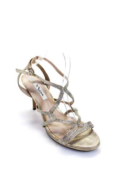 Nina Women's Strappy Rhinestone Embellished Open Toe Heels Gold Size 10