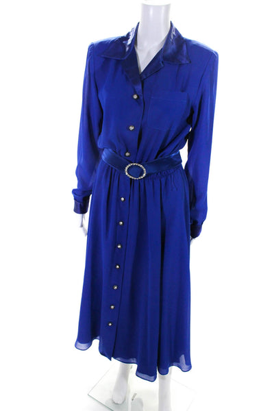 Morton Myles Womens Vintage Notched Collar Button Down Belted Dress Blue Size 10
