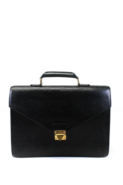 Louis Vuitton Womens Black Gold Tone Push Lock Document Brief Case Handbag