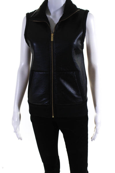 ALALA Womens Front ZIp Faux Leather Mock Neck Vest Jacket Black Size Extra Small