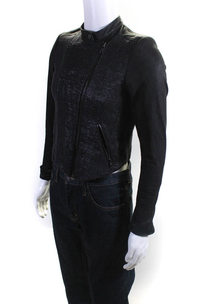 Theory Womens Textured Collarless Long Sleeve Full Zip Moto Jacket Black Size 8
