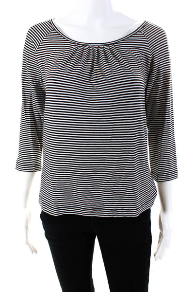 St. John Womens Striped Round Neck Pleated Long Sleeve Top Black White Size M