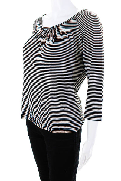 St. John Womens Striped Round Neck Pleated Long Sleeve Top Black White Size M