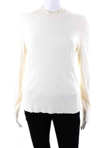 St. John Womens Wool Ribbed Long Sleeve Textured Mock Neck Top White Size S