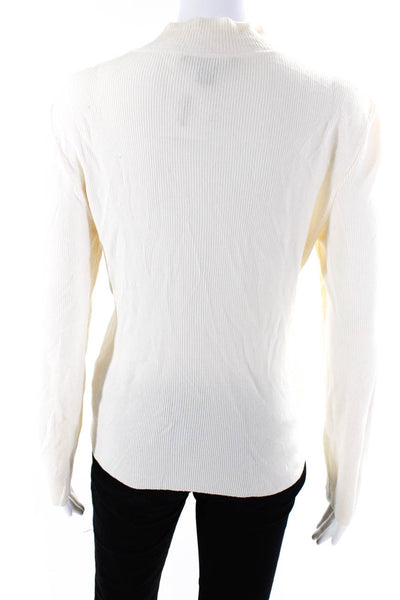 St. John Womens Wool Ribbed Long Sleeve Textured Mock Neck Top White Size S