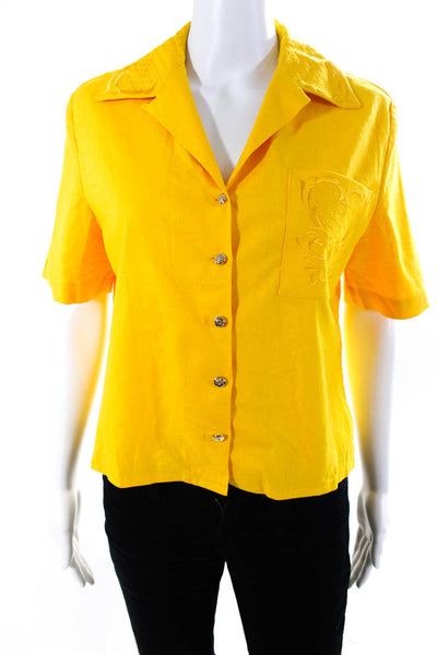 St. John Sport Womens Linen Buttoned Embroidered Short Sleeve Top Yellow Size P