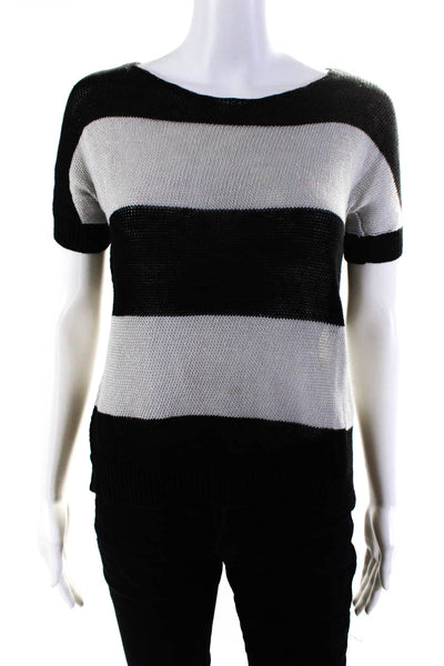 Theory Womens Linen Open Knit Short Sleeve Striped Blouse Top Black Size Small