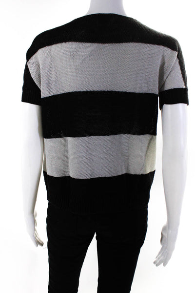 Theory Womens Linen Open Knit Short Sleeve Striped Blouse Top Black Size Small