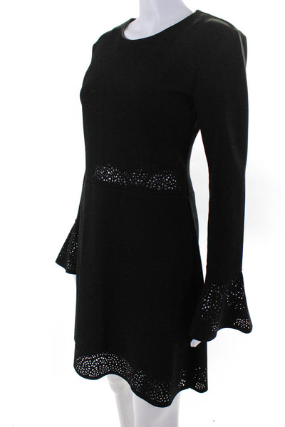 Parker Womens Long Sleeve Eyelet Round A-Line Knee Length Dress Black Size M