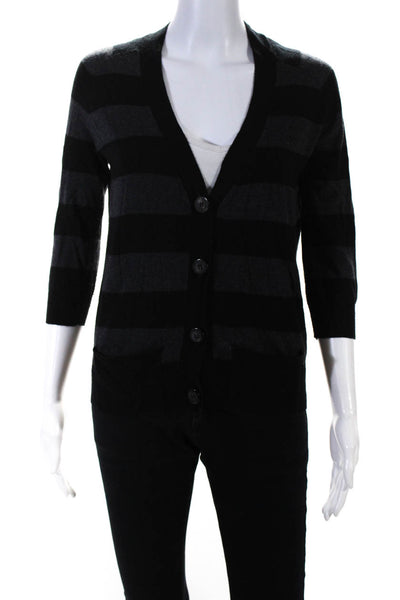 Joie Womens V Neck Striped 3/4 Sleeve Cardigan Sweater Black Gray Size XS