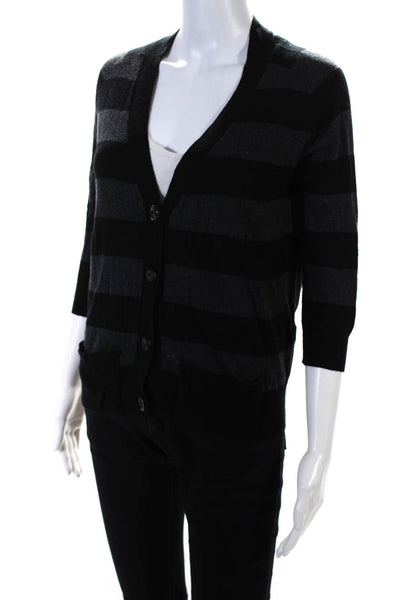 Joie Womens V Neck Striped 3/4 Sleeve Cardigan Sweater Black Gray Size XS