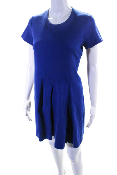 Jil Sander Womens Round Neck Short Sleeves Pleated Bottom Mini Dress Blue Size 4