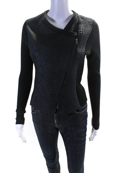 Lola & Sophie Womens Textured Asymmetrical Side Zip Up Jacket Black Size XS