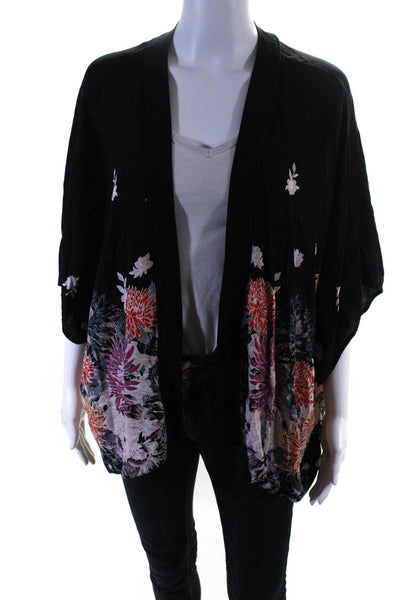 Talula Womens Open Front Floral Printed Kimono Blouse Black Multi Size S/M