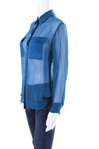 Equipment Femme Womens Sheer Long Sleeved Collared Button Down Top Blue Size XS