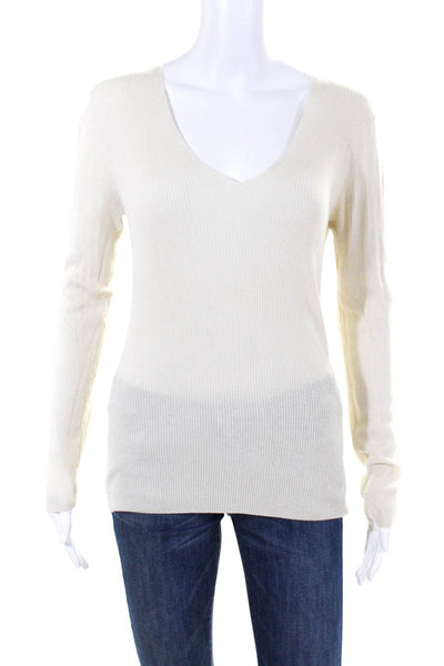 Massimo Dutti Womens Ribbed Thin Knit Long Sleeved V Neck Sweater Cream Size L
