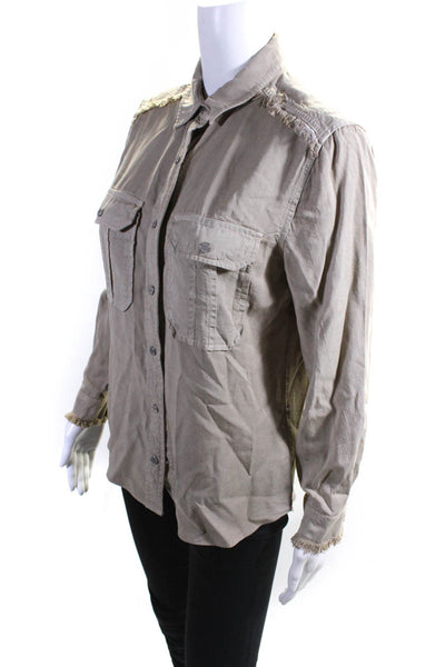 Etienne Marcel Womens Collared Frayed Button Down Blouse Beige Green Size XS