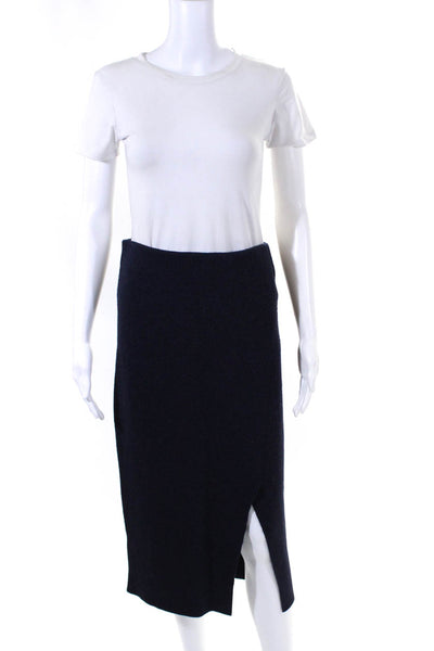 Massimo Dutti Womens Tight Knit Slit Elastic Waist Midi Skirt Dark Blue Size S