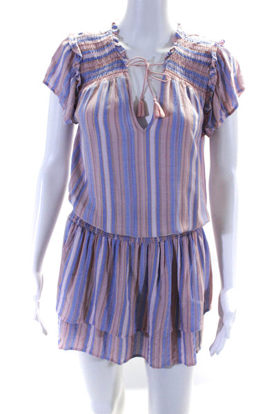 Paige Womens Striped V-Neck Ruched Texture Layered Drop Waist Dress Pink Size XS